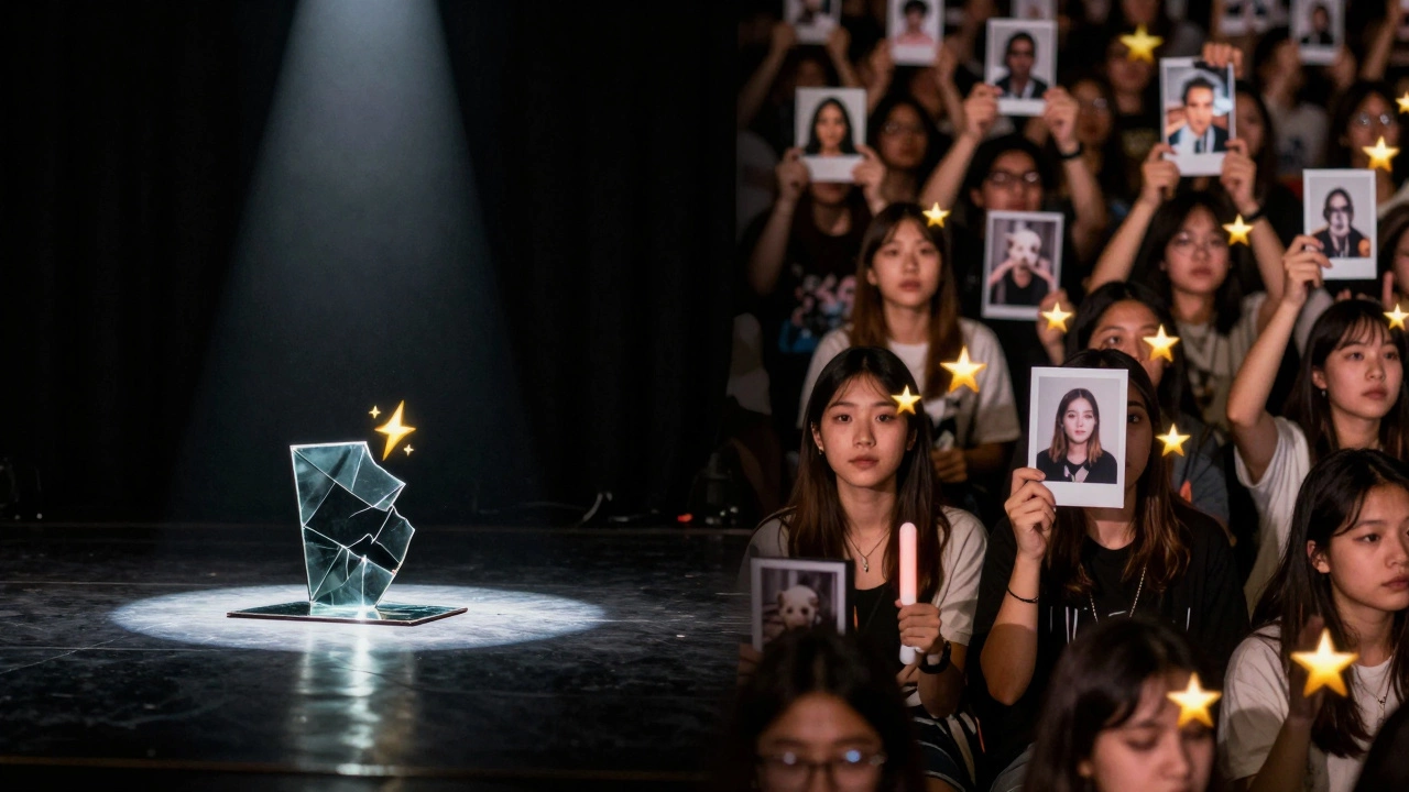 A broken mirror reflects a star emoji on an empty stage, while fans hold photos with star overlays in a crowd.