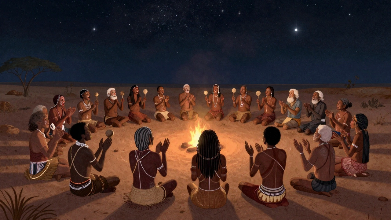 A circle of people from ancient cultures sing and clap together under the stars.