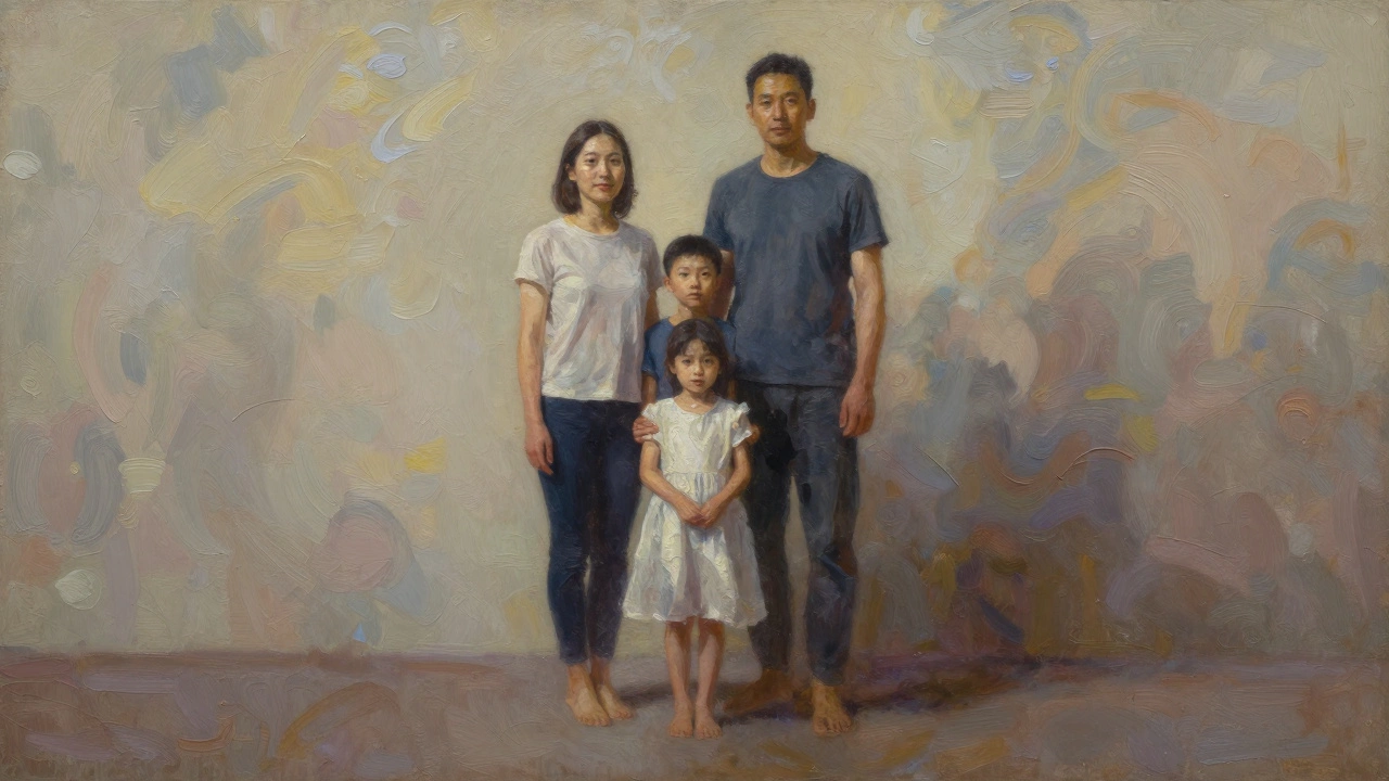 A family portrait halfway between photograph and oil painting, with one side realistic and the other transformed by expressive brushwork.