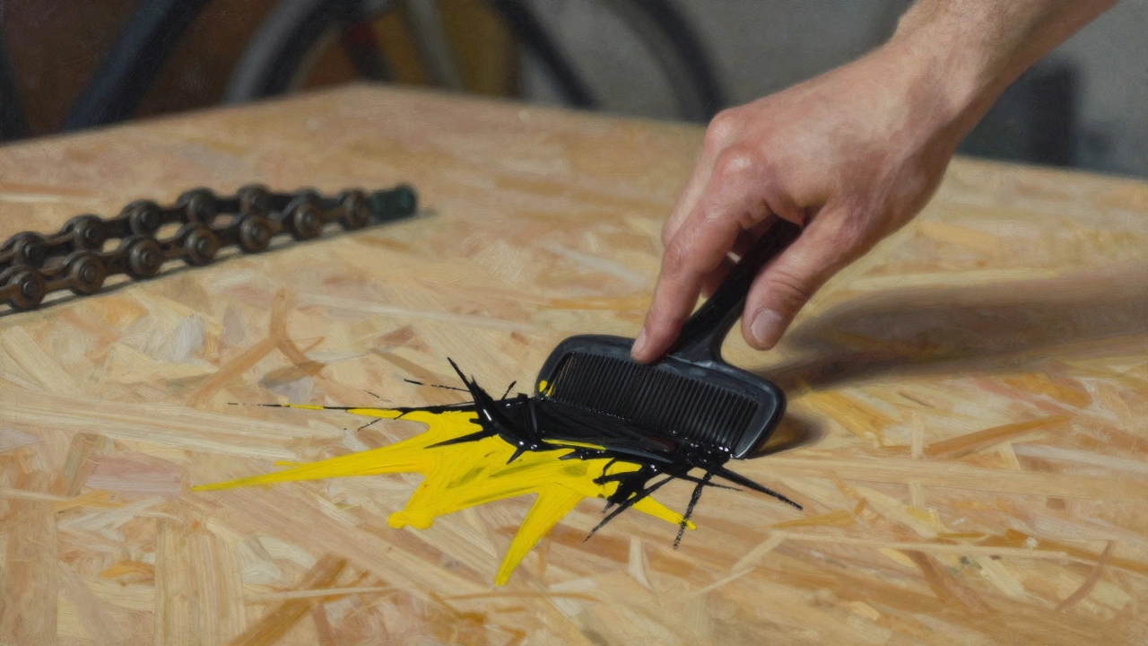 A hand dragging a comb through black and yellow paint on plywood.