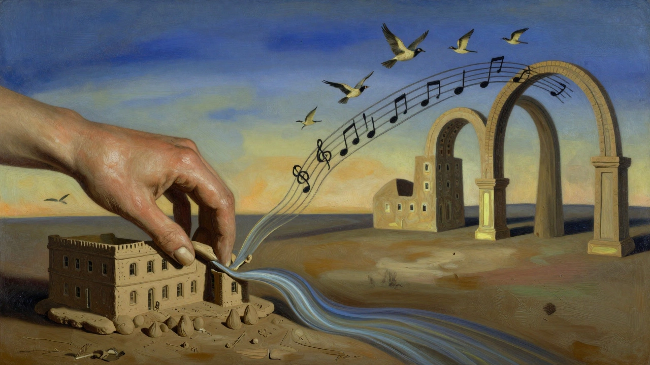 A hand sculpting a building as paint and music transform into architecture in a surreal dreamlike scene.