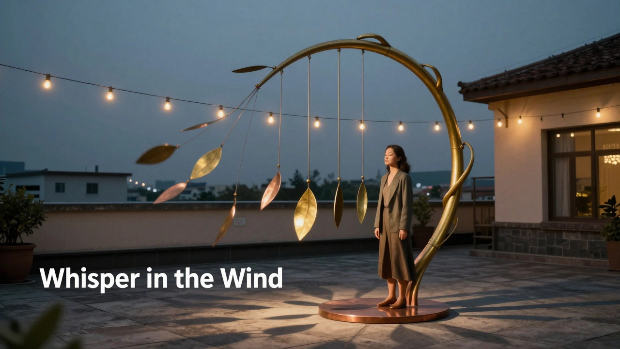 A kinetic brass sculpture moving gently in the wind on a rooftop, casting shifting shadows.