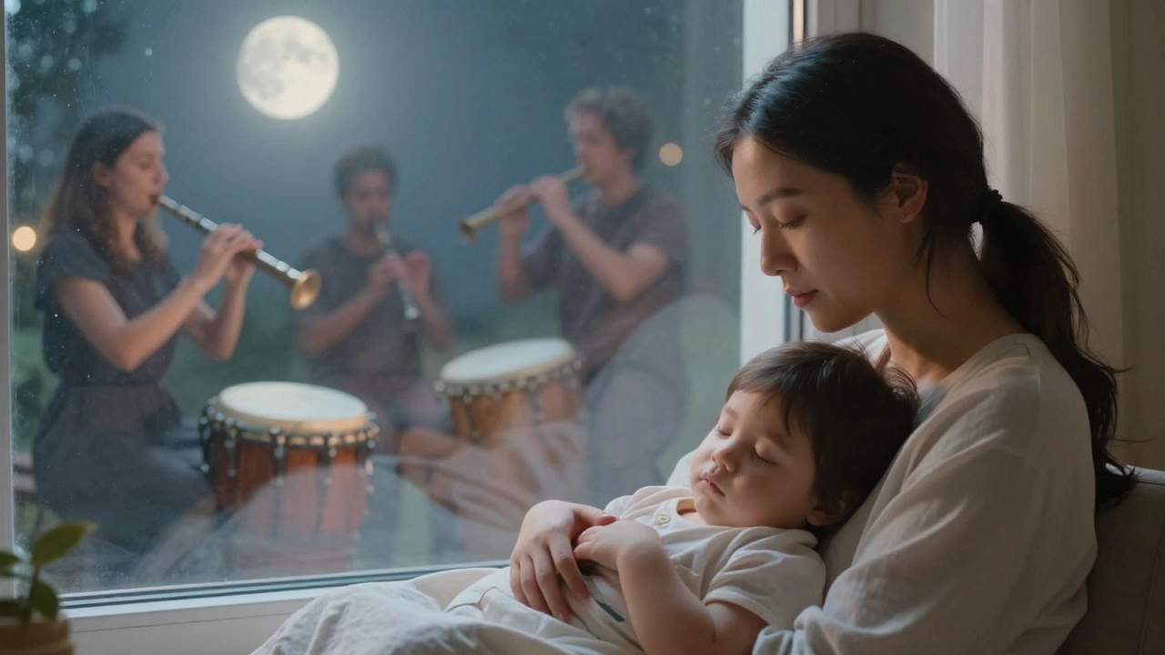 A mother hums to her child as ghostly figures of ancient musicians fade into the background.