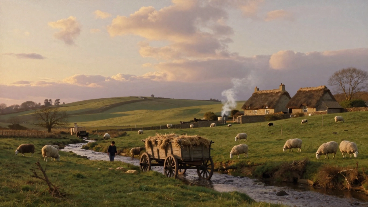 A peaceful English countryside scene with a hay wagon crossing a stream under soft golden light.