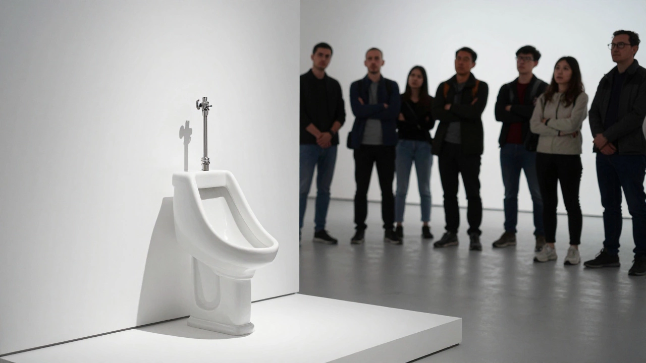 A porcelain urinal on display in a white gallery under a spotlight.