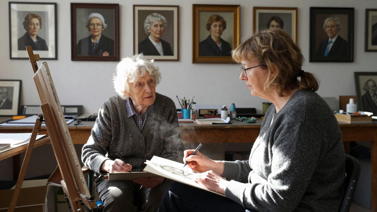 A portrait painter and her elderly client sharing a quiet moment during a live sitting in a cozy studio.