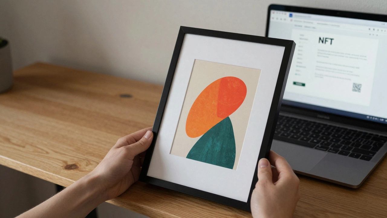 A printed digital artwork in a frame sits beside a laptop showing its NFT certificate.