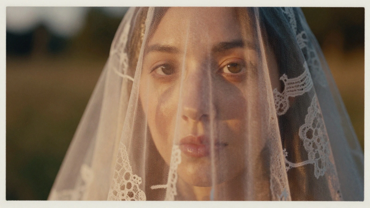 A soft-focus portrait with a lace veil, evoking emotion, memory, and vulnerability through natural light and film grain.