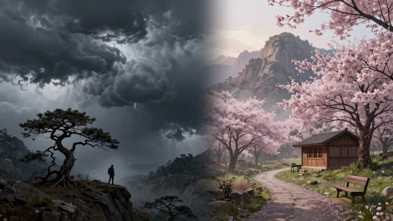 A split landscape showing a stormy mountain on one side and a serene, blooming mountain on the other.