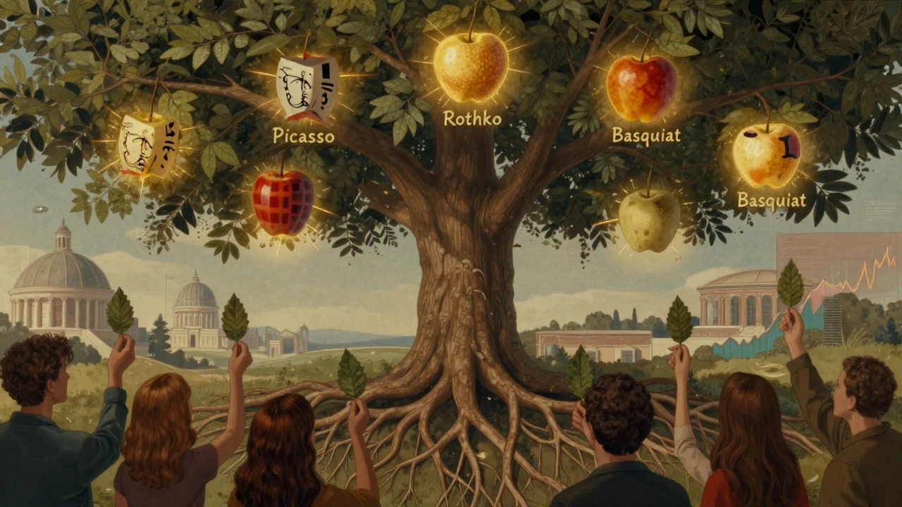 A symbolic tree with famous artist names as glowing fruit, representing blue chip art’s enduring cultural and financial roots.