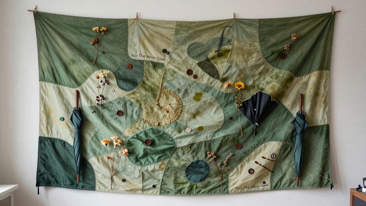 A wall art piece made from repurposed umbrellas, dyed in natural tones, hanging in a studio.