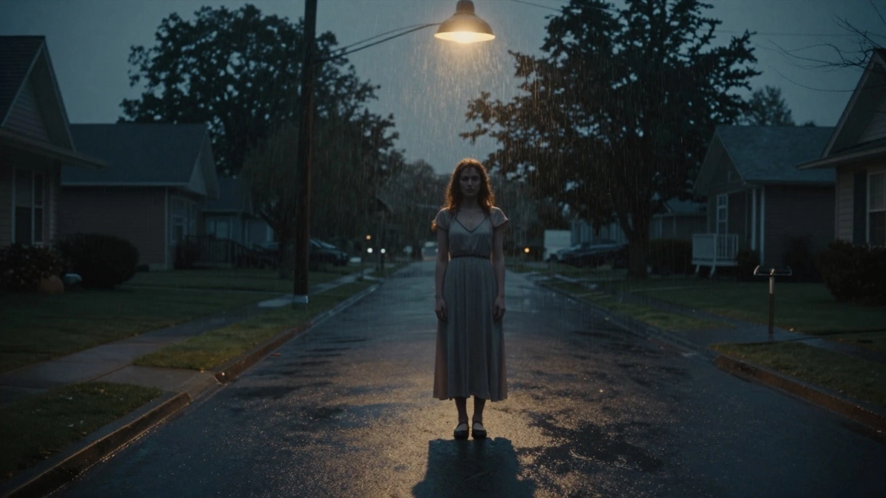 A woman standing alone in a quiet suburban street at dusk, lit by a single lamp as rain falls around her.
