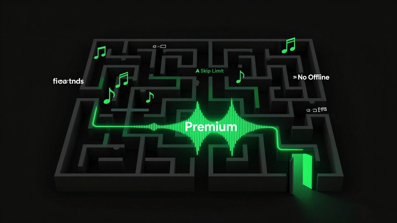 Abstract maze of music notes leading to restrictions, with glowing Premium path