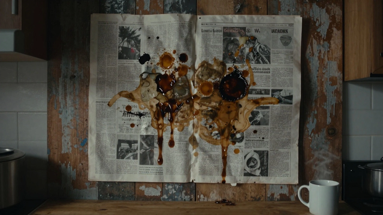 An abstract artwork made from coffee stains and newspaper on a kitchen wall.