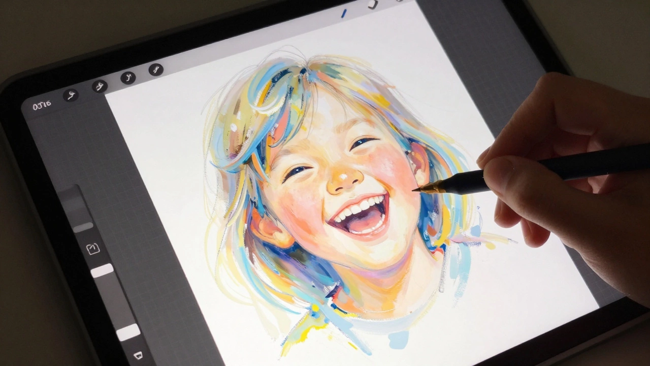An artist hand-painting brushstrokes over a digital portrait of a laughing child, blending digital tools with traditional art techniques.