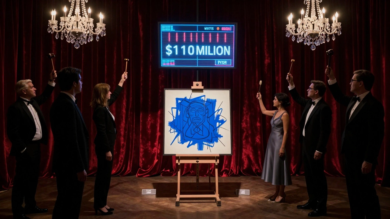 An intense auction scene at Christie’s with bidders raising paddles for a Basquiat masterpiece under a dramatic spotlight.