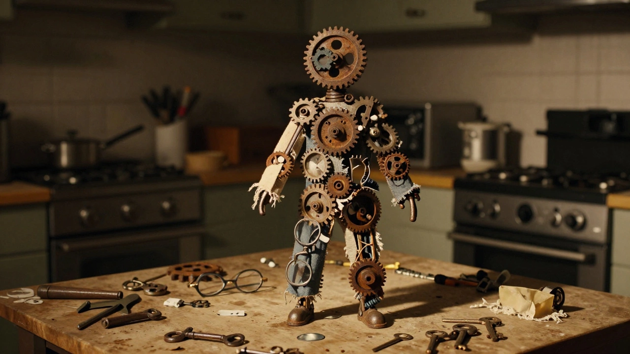 Assemblage sculpture made of rusted gears, keys, and fabric on a kitchen table.