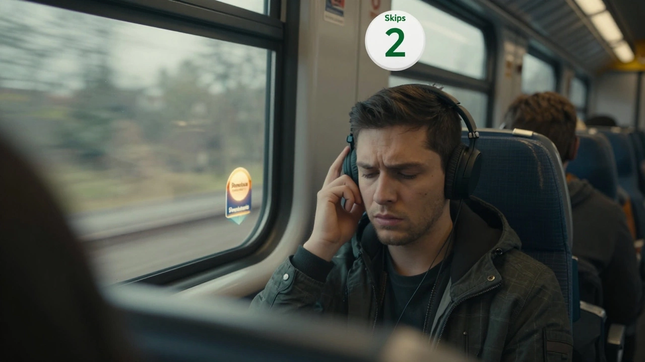 Commuter frustrated by Spotify ads during train ride, countdown showing skip limit