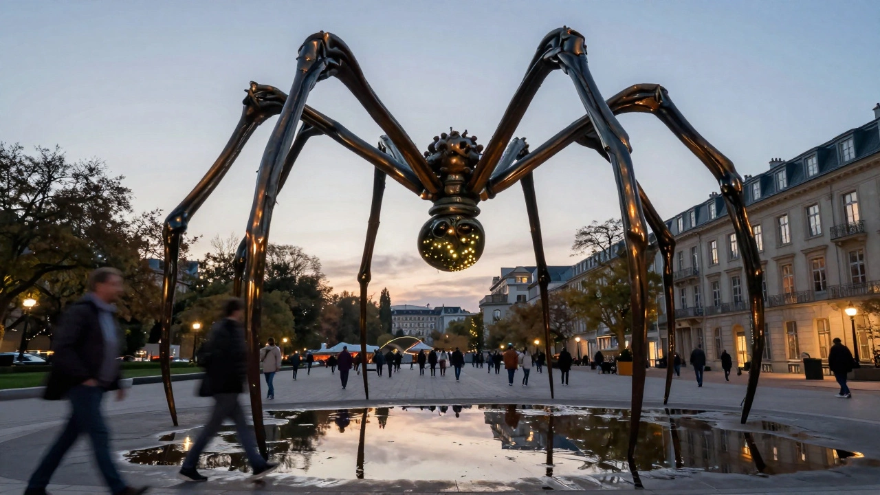 Louise Bourgeois' giant spider sculpture Maman standing in a city plaza at twilight.