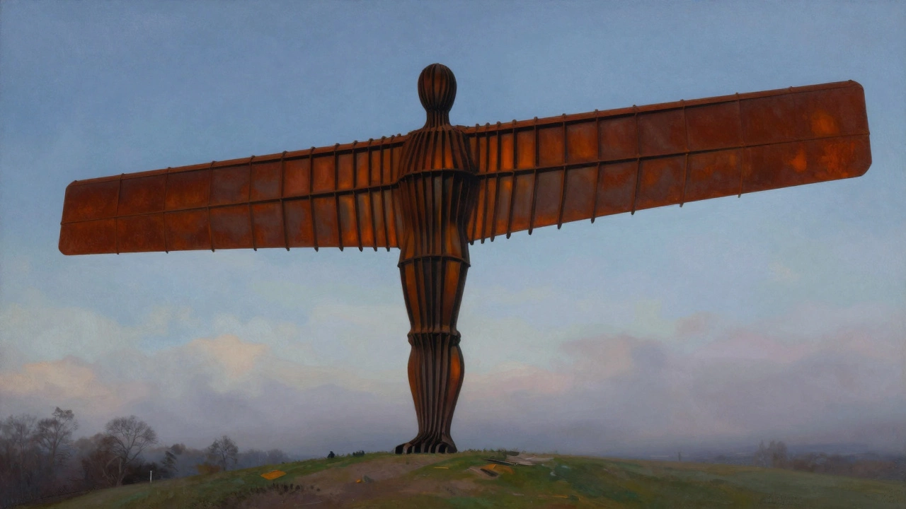 Massive steel sculpture on a hill at twilight, standing alone against a foggy landscape.
