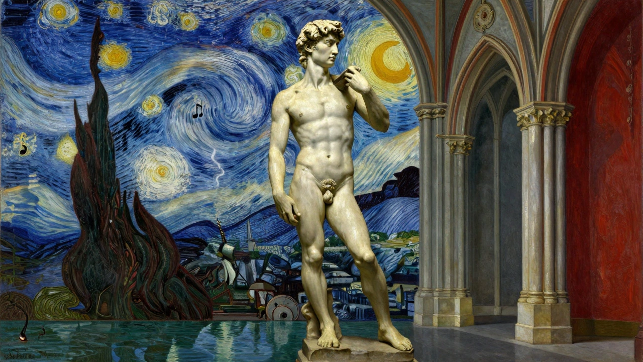 Michelangelo&#039;s David beside a cathedral, Van Gogh sky reflected below, musical notes rising in Renaissance painting style.