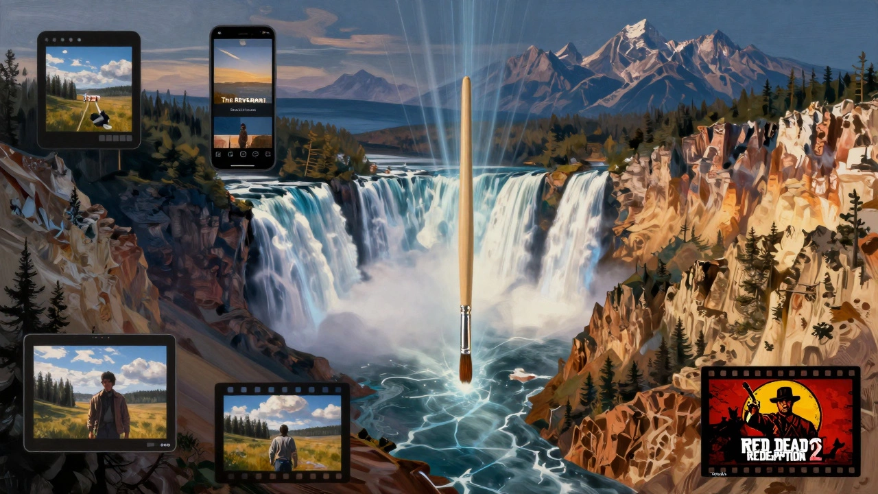 Moran's brushstrokes transforming into light that connects historic landscapes with modern media and visuals.