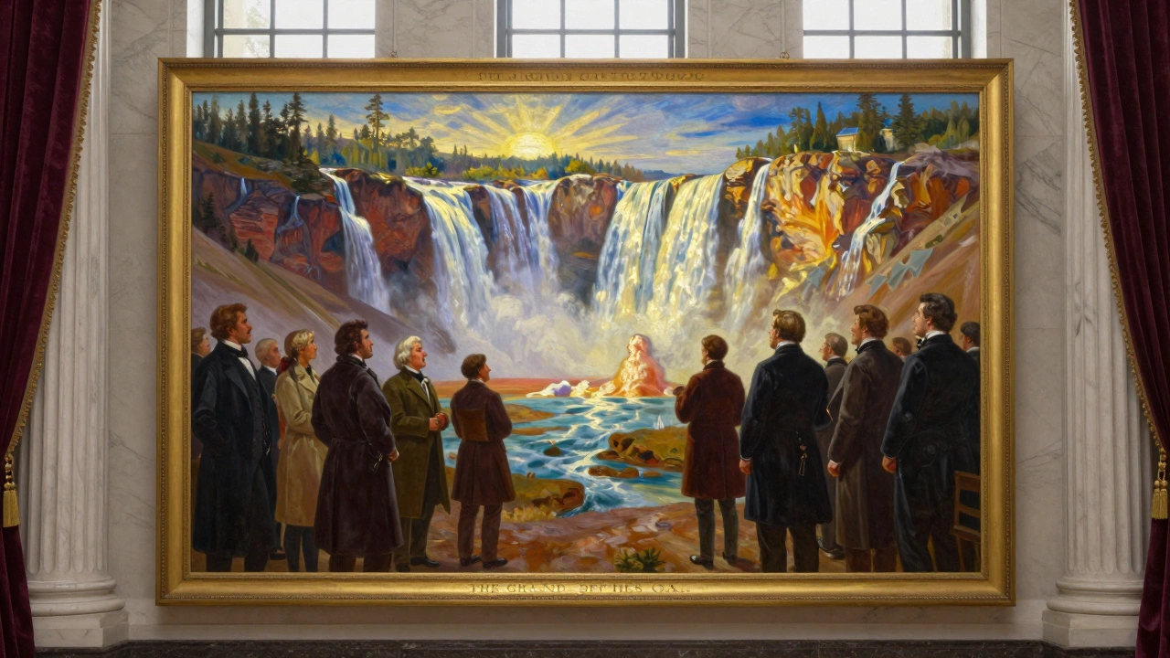 Moran's painting of the Grand Canyon of the Yellowstone displayed in the U.S. Capitol, lawmakers gazing in awe.