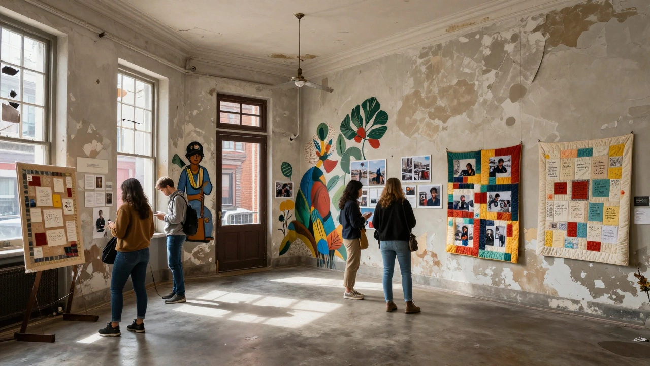 People exploring art in a repurposed bank building with natural light and community-made displays.