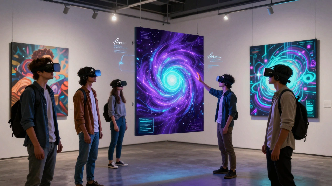 People in VR headsets explore a floating gallery of digital artworks.