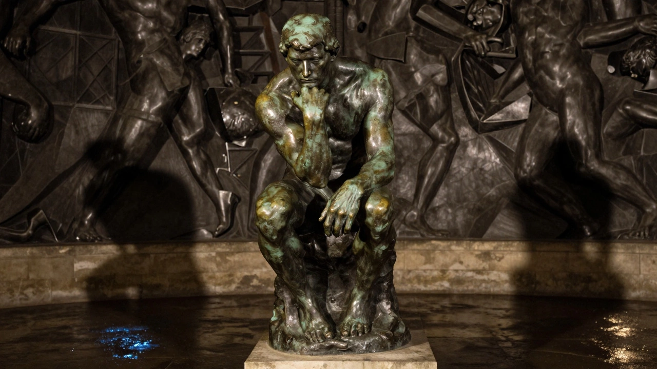 Rodin's The Thinker seated on a rough pedestal, bronze surface showing tool marks and shadows.