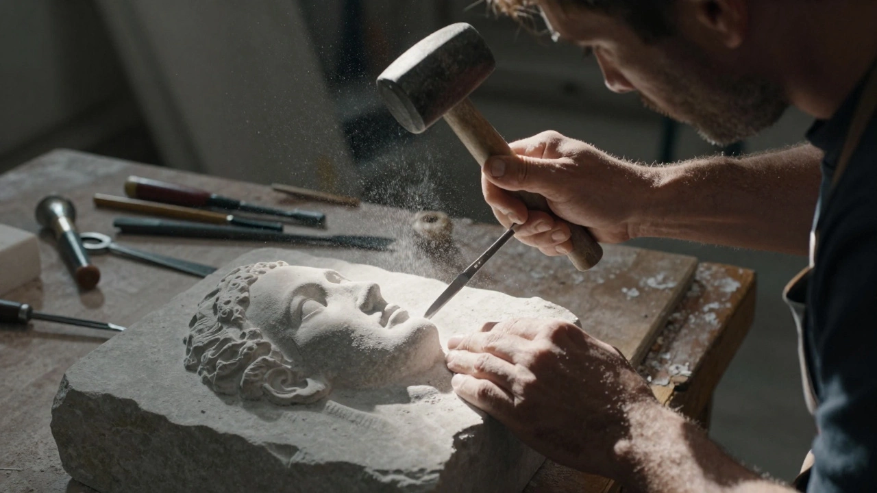 Sculptor carving a face from limestone with chisel and mallet, dust in sunbeam.