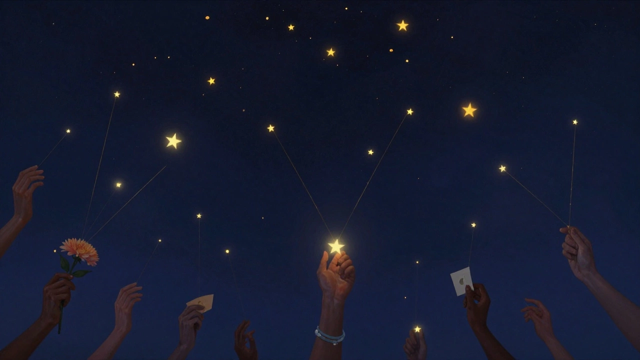 Thousands of floating star emojis connect to human hands reaching toward a star-filled night sky.