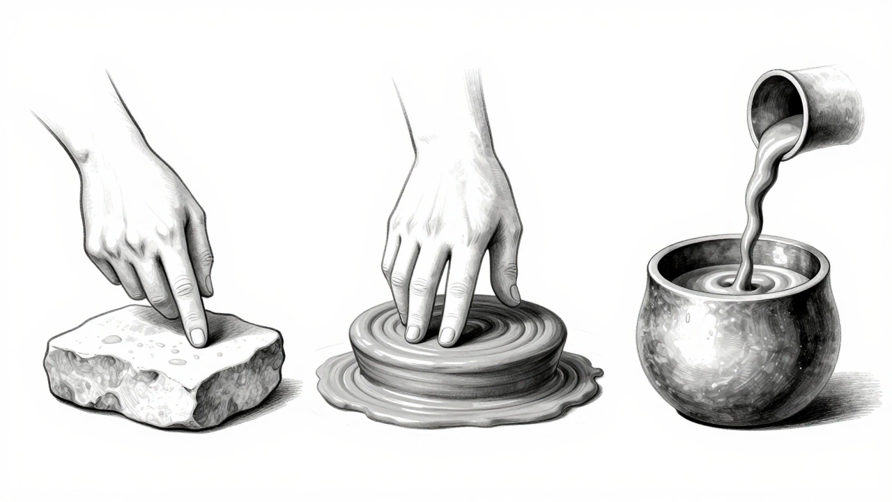 Three sculpting techniques illustrated simply: carving, modeling, and casting in monochrome.