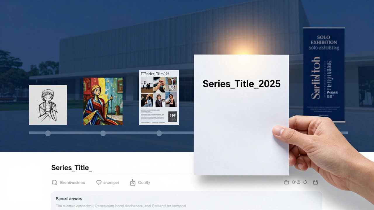 A clean PDF submission file placed into a portal, with a visual timeline of artistic growth behind it.