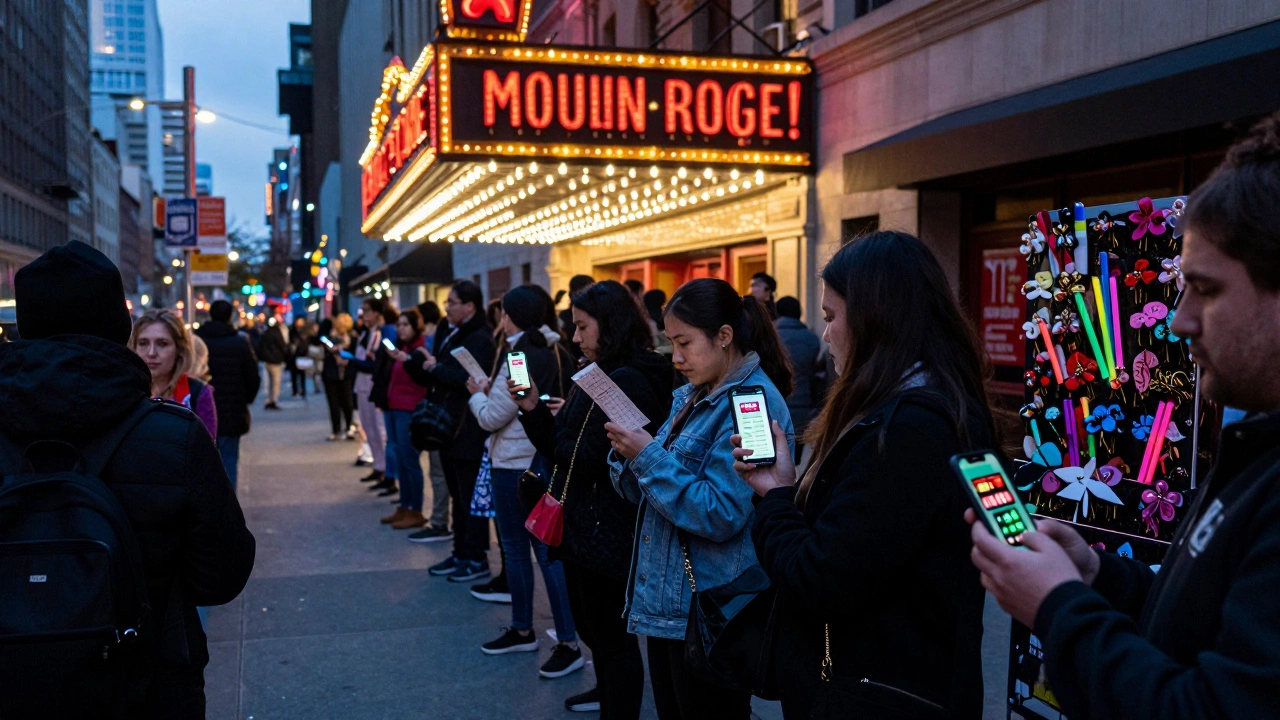 A long line of people waiting for Moulin Rouge! lottery tickets outside a New York theater at dusk.