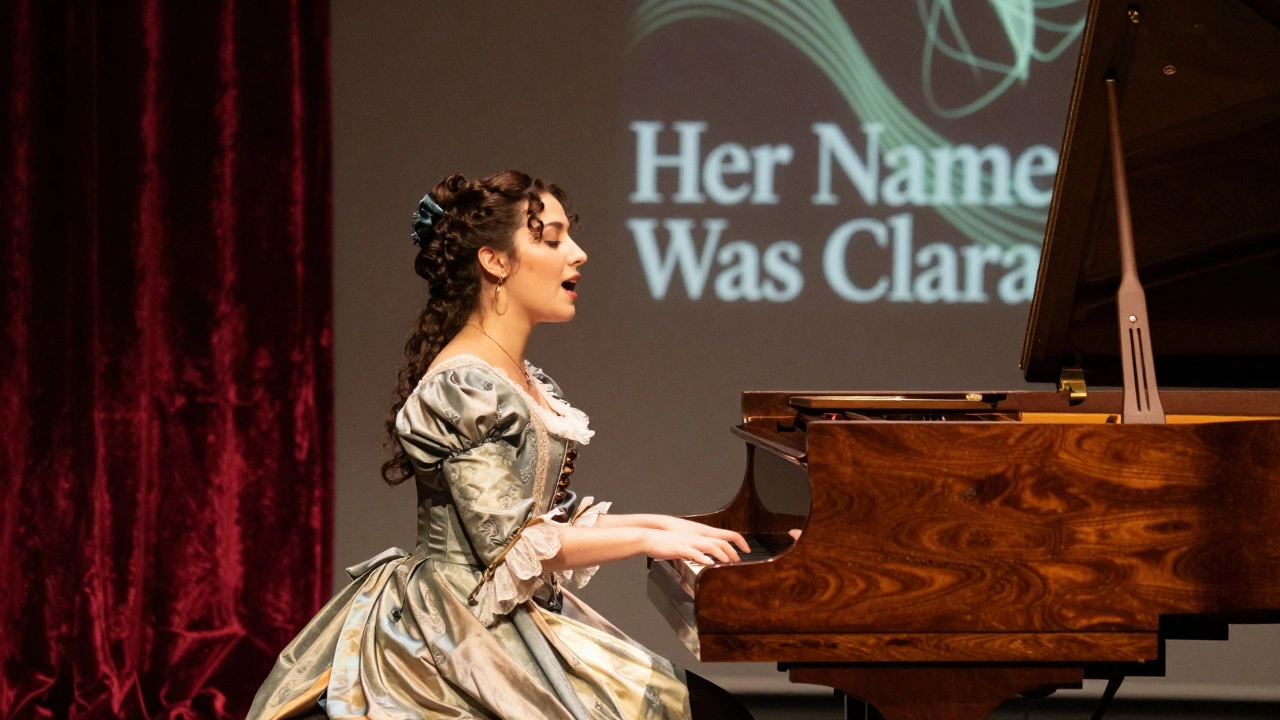 A woman in a 19th-century gown plays piano and sings on stage, with subtle modern light effects around her.