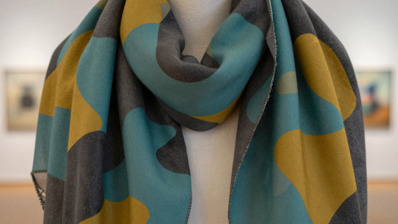An abstract pattern on a scarf with asymmetrical blots of color and no recognizable shapes.