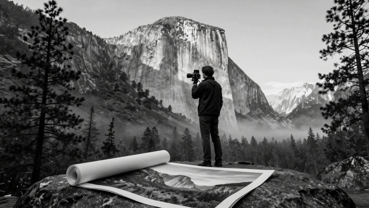 Ansel Adams with his large-format camera in Yosemite, capturing a misty mountain landscape at golden hour.