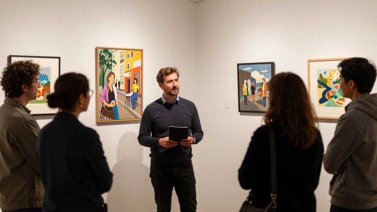 Artist at a small gallery opening speaking with a curator while others view group exhibition art.
