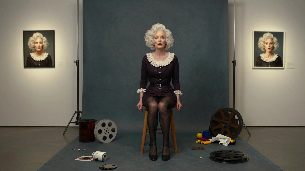 Cindy Sherman in costume as a fictional character, surrounded by props, with one of her printed artworks lit in a studio.