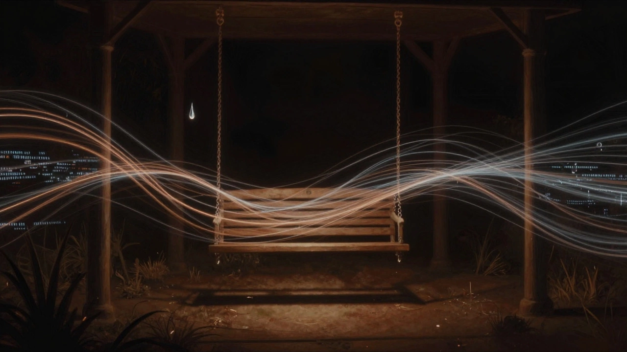 Ethereal glowing filaments of sound ripple through a dark theater, surrounding an empty swing and a falling tear.