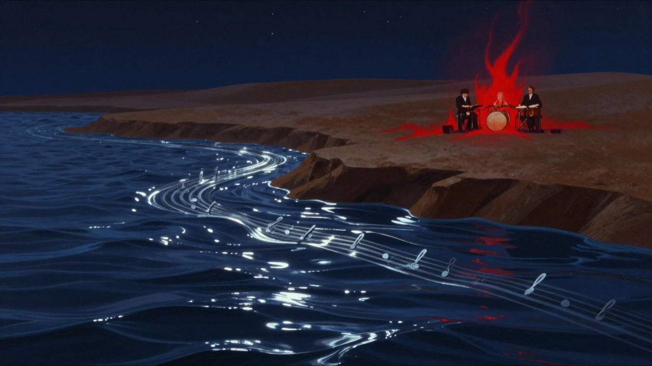 Soundscapes visualized as landscapes: indigo water ripples, silver sparks, and earthy red bursts under stars.