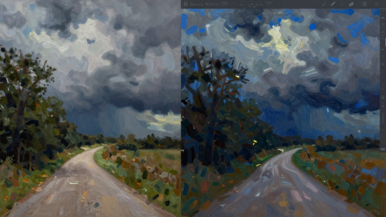 Split image: real landscape photo and its dramatic painted version with bold brushstrokes.