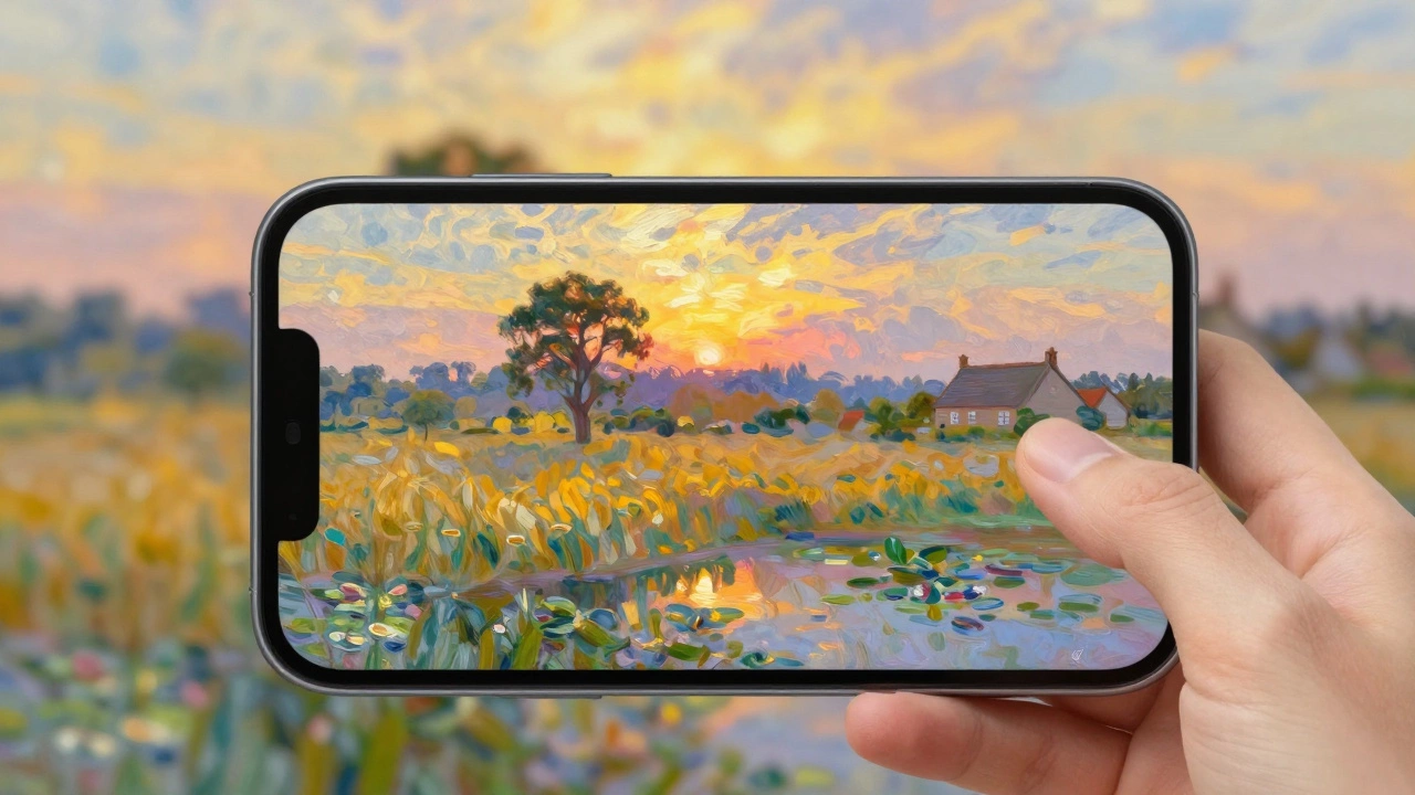 Sunset field with a lone tree, photo turning into an impressionist painting on a smartphone screen.