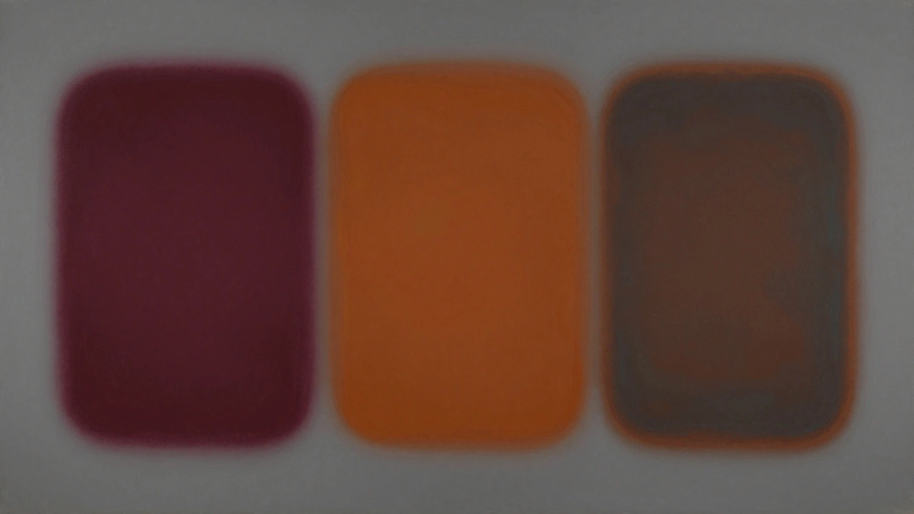 Three large floating rectangles in deep reds and oranges on a muted background.