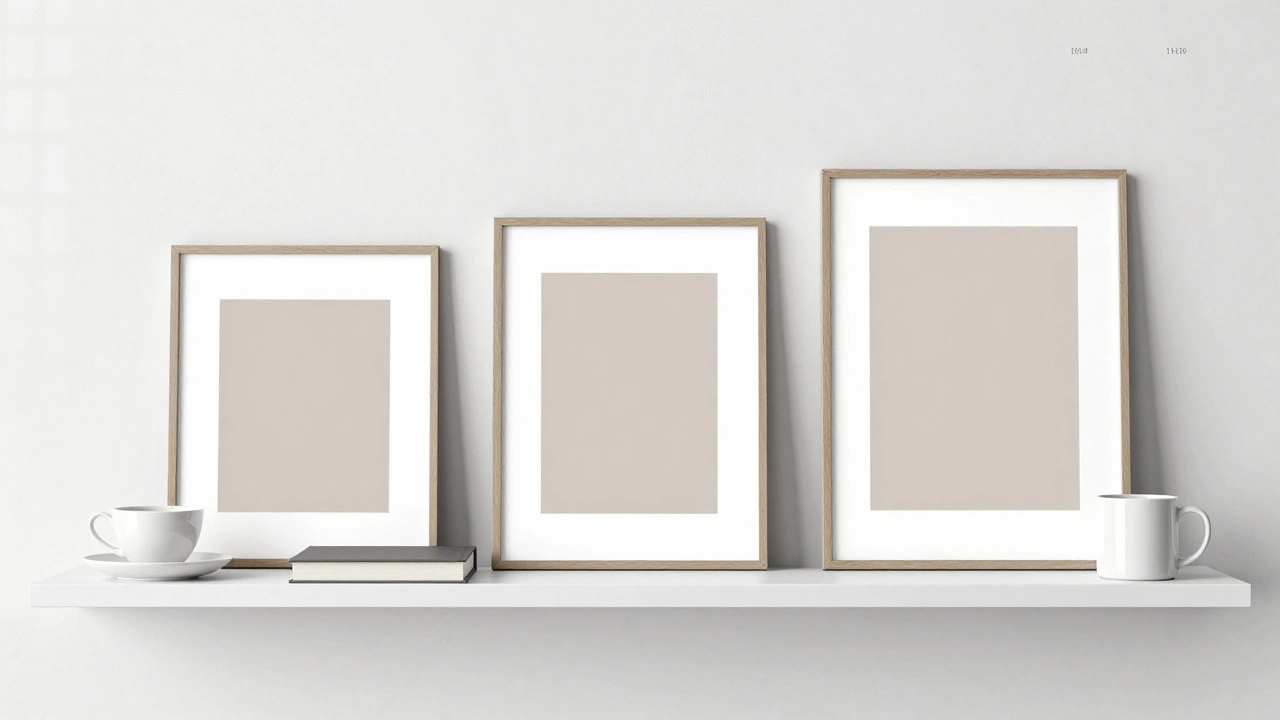 Three standard art print sizes displayed beside common UK household objects like a teacup, book, and coffee mug on a white shelf.