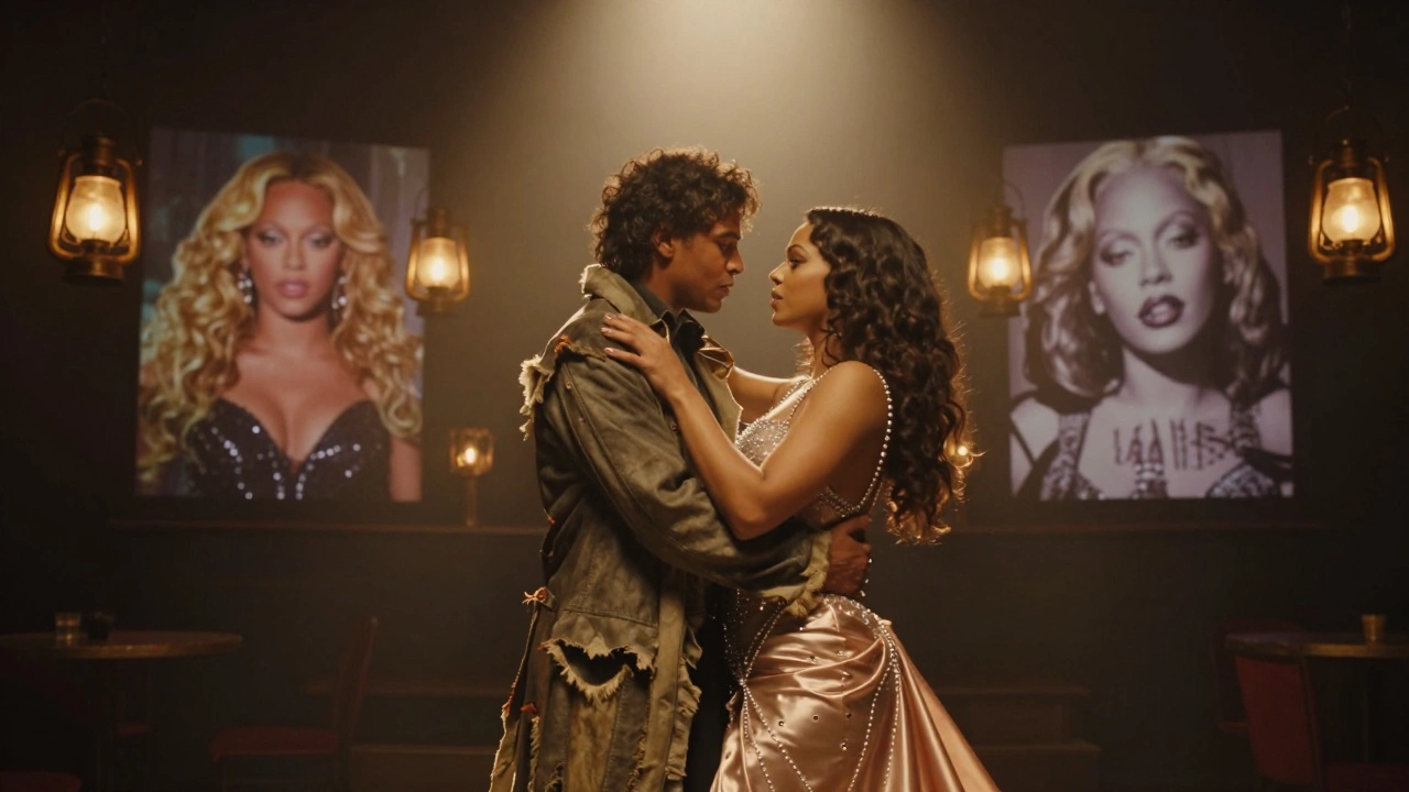 Two lead actors in emotional duet under spotlight, surrounded by projected pop music visuals in a dreamlike theater setting.