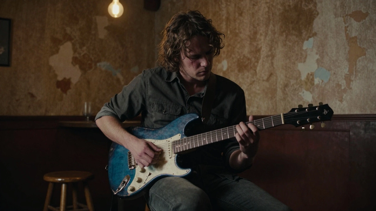 A blues guitarist lost in emotion, playing alone under a dim bulb in an empty bar.