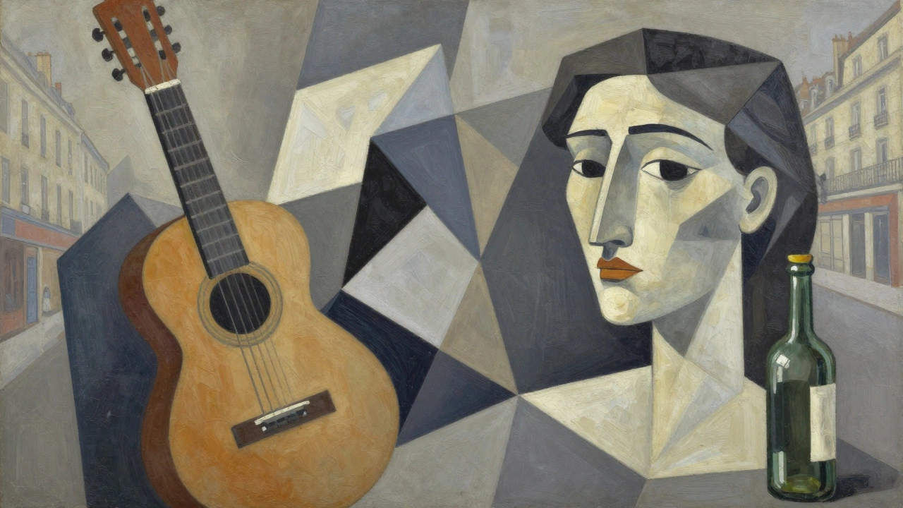 A Cubist composition with fragmented objects viewed from multiple angles in muted tones.