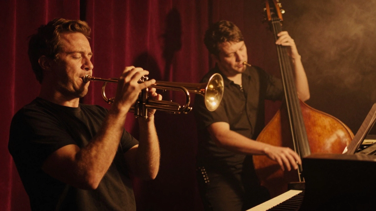 A jazz trio performing live in a smoky club, instruments in motion under warm, moody lighting.